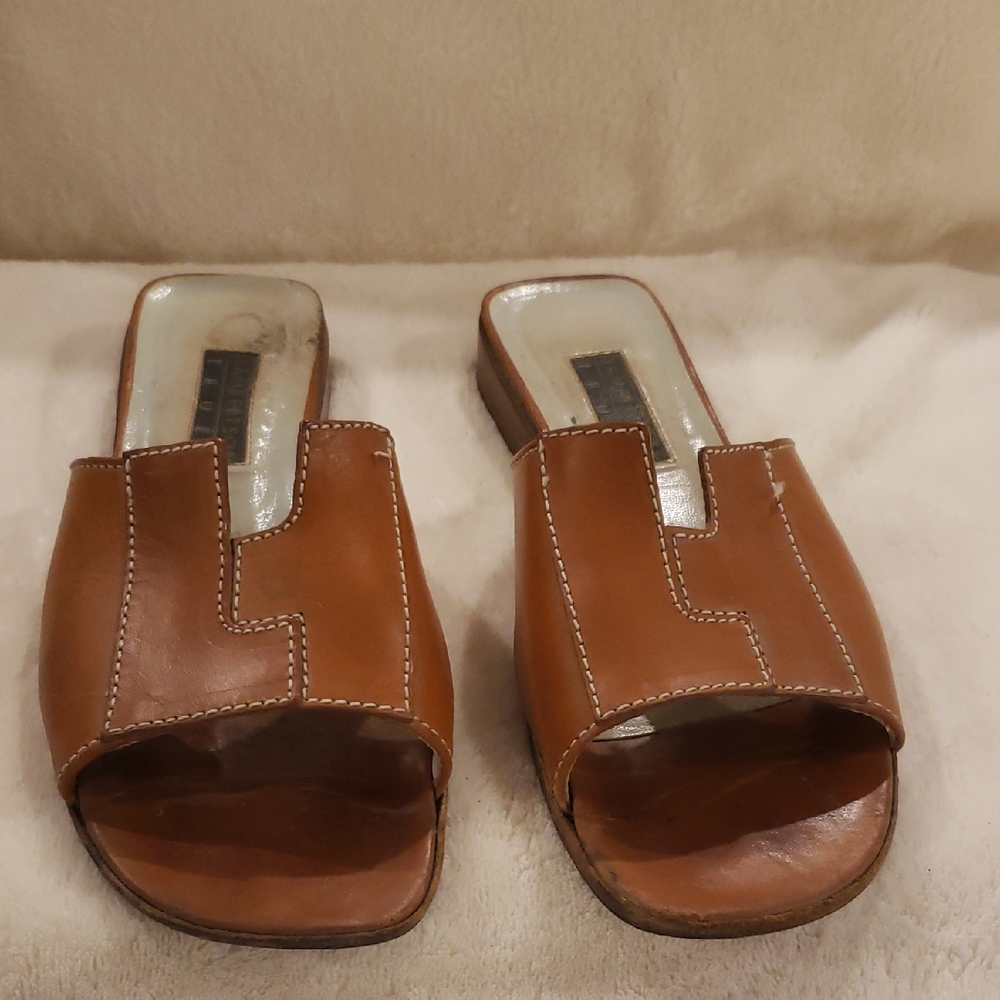Lambertson Truex Brown Leather Mules with Wide Strap And Low Heel, Size 6